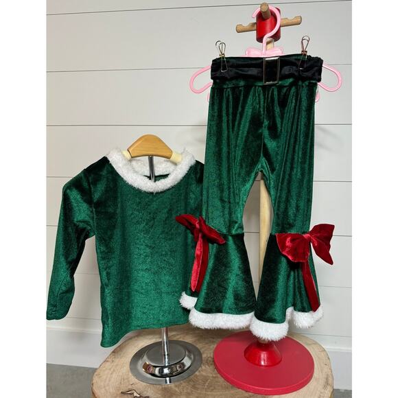 Two Piece Christmas Green Velvet Shirt and Bell Bottom Pants size 90 - Picture 3 of 5